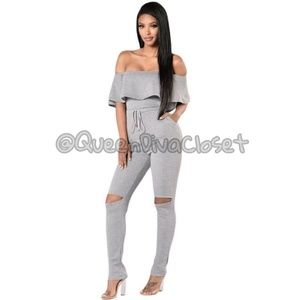 Knit cotton grey ruffle off shoulder jumpsuit L